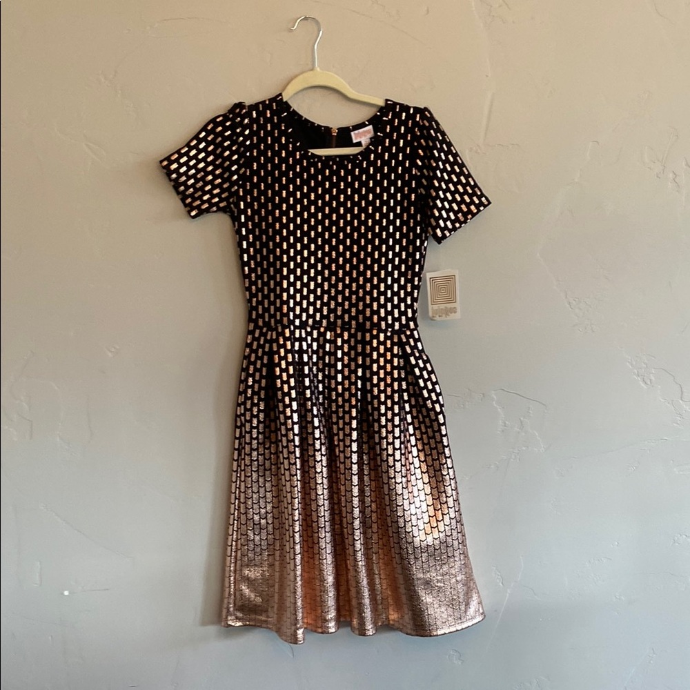 LuLaRoe Black and Gold Pleated Midi Dress with Puff Sleeves